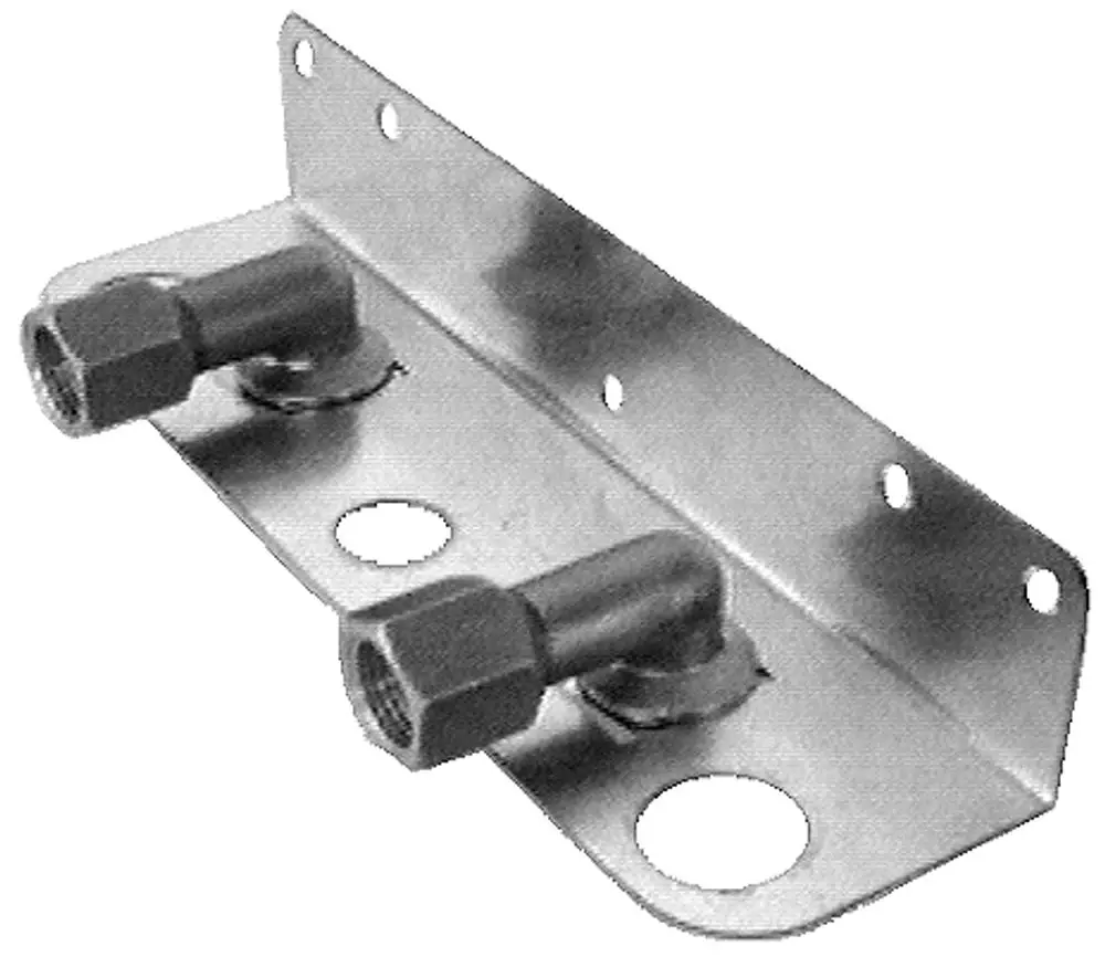 Anschlusskonsole aus Metall mit zwei Anschlüssen und mehreren Befestigungslöchern, geeignet für die Aufputzinstallation von Wolf Gasheizthermen.